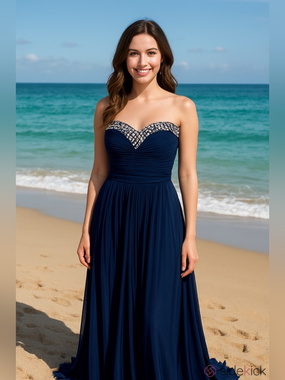 Prom Dress Navy Blue with rhinestone detailing strapless junior size 13/14